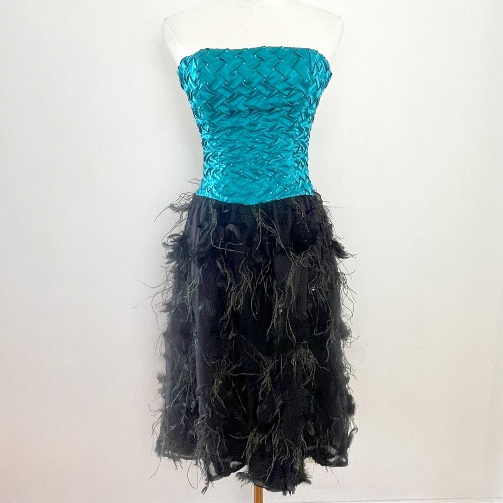 Vintage Y2K Silk Feather Beaded Corset Strapless Dress S Glam Holiday NYE Party